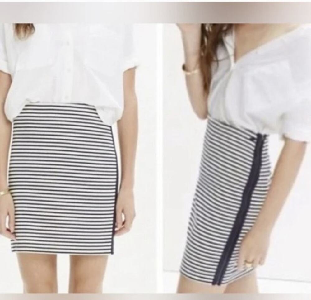 Madewell XS Eventide Blue Cream Stripe Straight MIni Skirt Elastic Waist